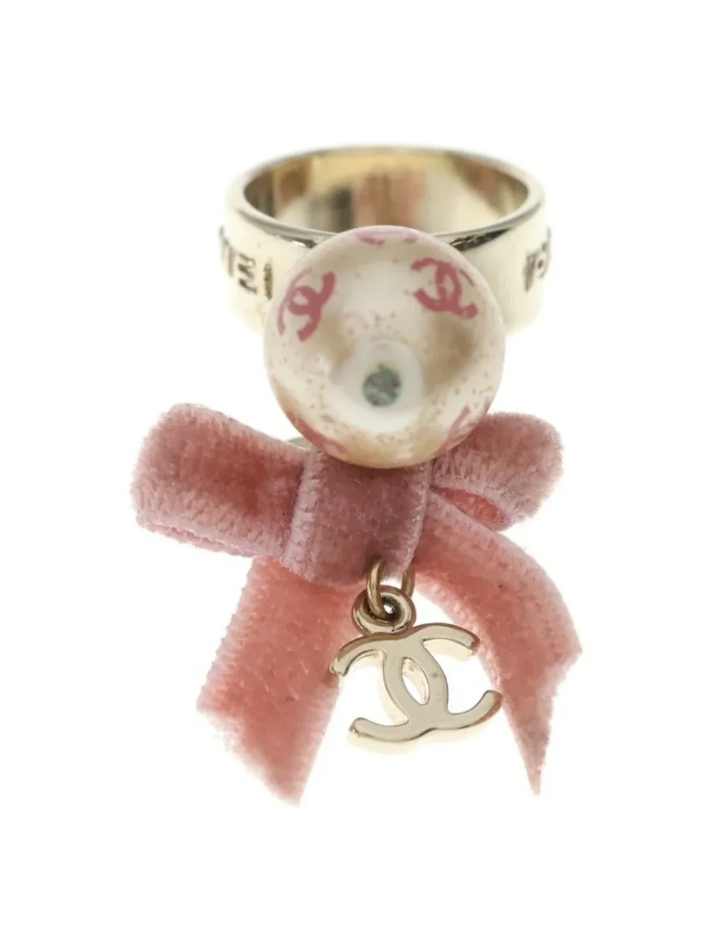 Chanel CC Logo Pearl Ribbon Ring Gold Pink